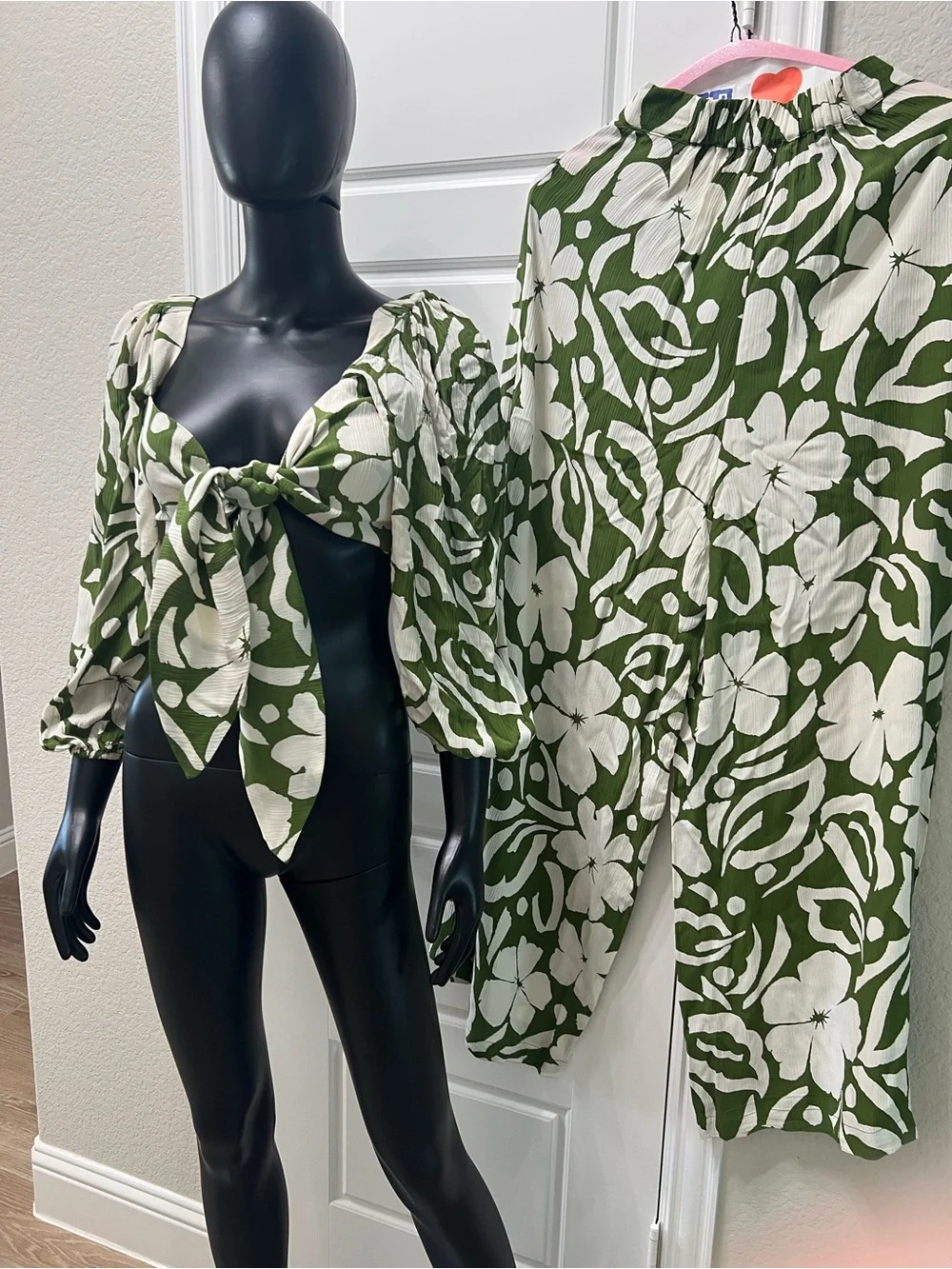 Faithfull the Brand Green and White Floral Wide-Leg Pants & Tie-Front Top Set